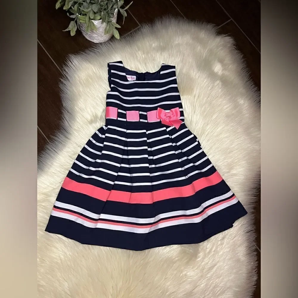 Jessica Ann Striped Coral Ribbon Push-Thru Fit & Flare Dress sz 3T